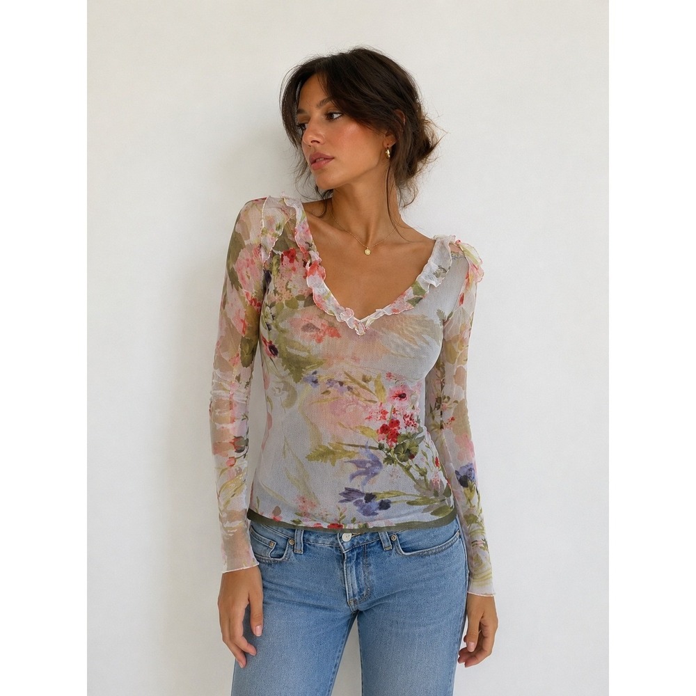 Fuzzi Italy Floral Mesh Ruffle Neck Long Sleeve Top L Sheer Y2K Romantic